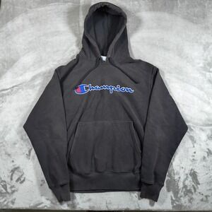 Champion Reverse Weave Hoodie Mens Large Black Pullover Embroidered Spellout